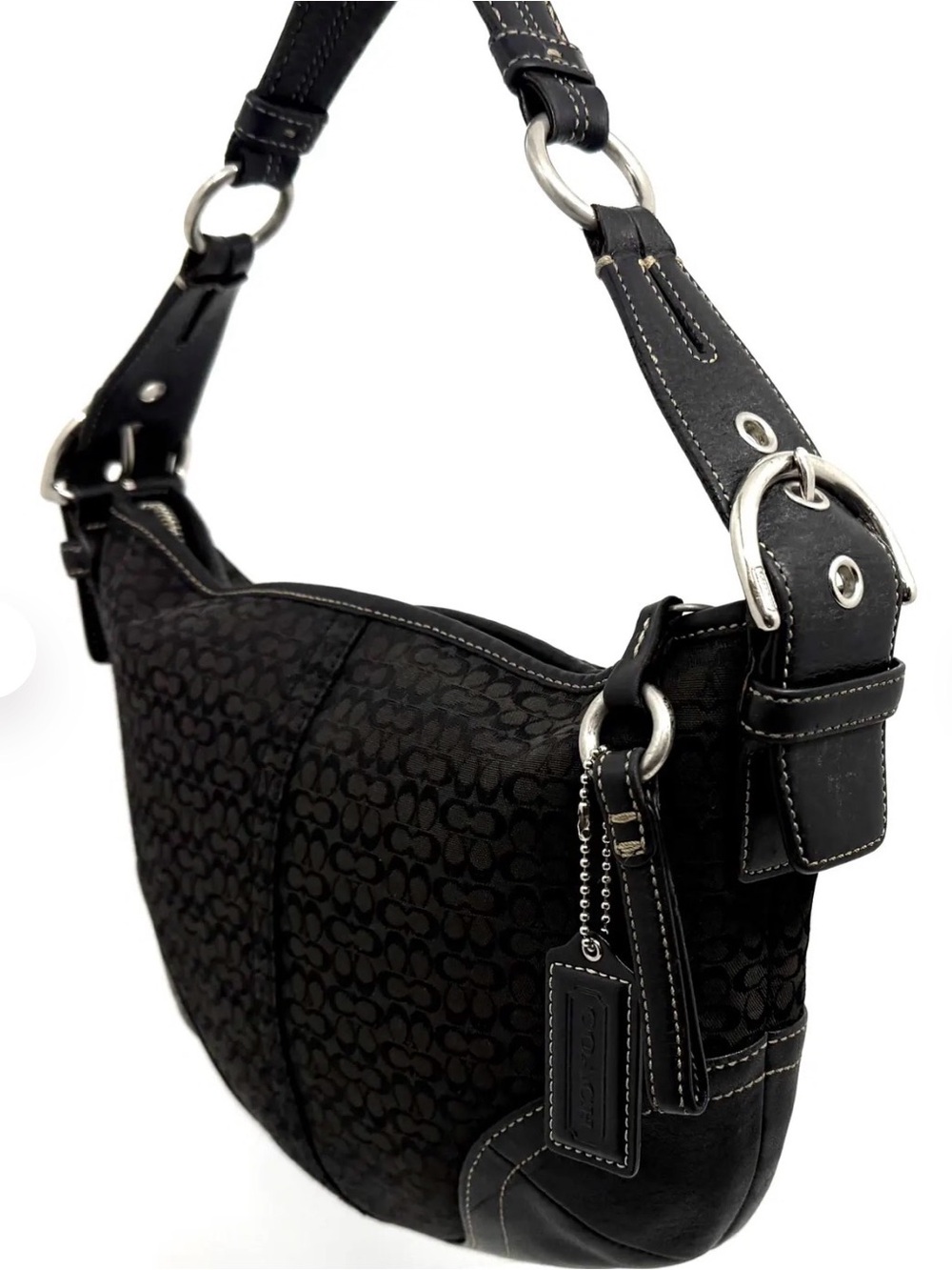 COACH F05N-1460 🖤BLACK🖤 VINTAGE SIGNATURE JACQUARD LEATHER HOBO BAG 🌟EUC🌟